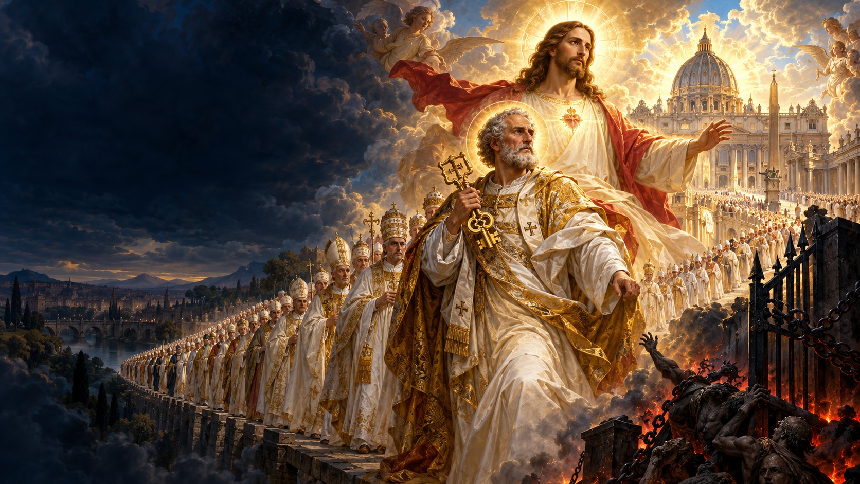 Representação simbólica de Jesus Cristo protegendo a Igreja, com São Pedro à frente de uma grande sucessão de papas, enquanto as portas do inferno não prevalecem.